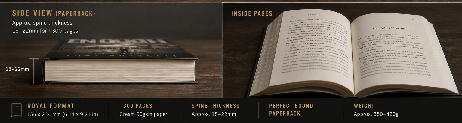 ENOUGH shown as a finished book — a closed copy on a table showing an 18 to 22 millimetre spine, and an open copy showing the printed inside pages.